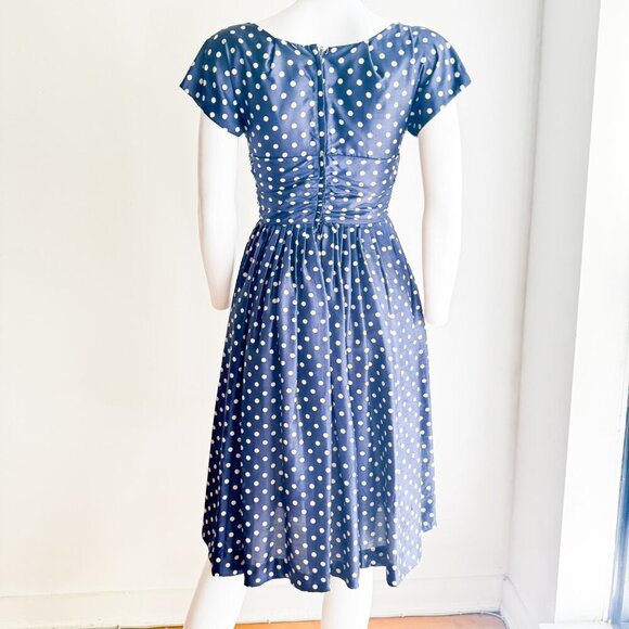 Vintage Silk Navy Blue White Polka Dot Short Sleeve Dress XS - Picture 8 of 8